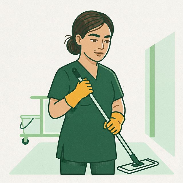 Pracownica w rękawicach gumowych prowadzi mop po podłodze, obok wózek serwisowy z wiadrem.