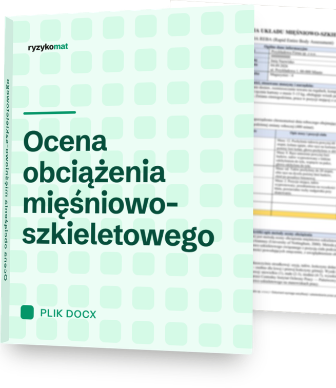 Pudełko dokumentu „Ocena obciążenia mięśniowo-szkieletowego" ze znakiem Ryzykomat na okładce; zza pudełka wystaje pierwsza strona prawdziwego dokumentu z rozmytą treścią