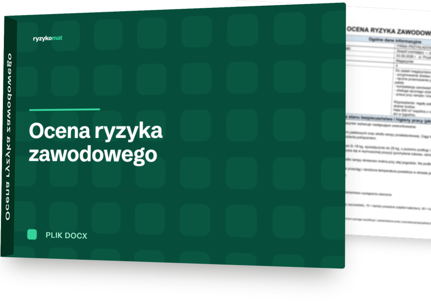 Pudełko dokumentu „Ocena ryzyka zawodowego" ze znakiem Ryzykomat na okładce; zza pudełka wystaje pierwsza strona prawdziwego dokumentu z rozmytą treścią